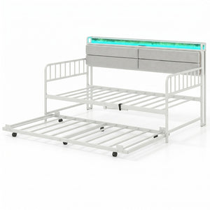 Twin Size Daybed with Trundle and Metal Bed Frame with Headboard-White view 4