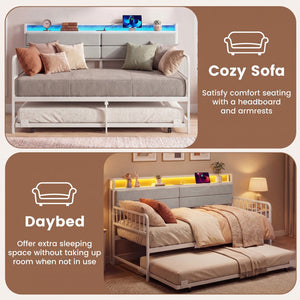 Twin Size Daybed with Trundle and Metal Bed Frame with Headboard-White view 9