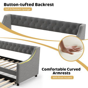 Twin Size Daybed with Trundle Sofa Bed with Curved Armrests and Backrest-Gray view 7