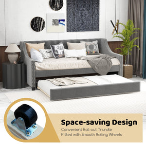 Twin Size Daybed with Trundle Sofa Bed with Curved Armrests and Backrest-Gray view 8