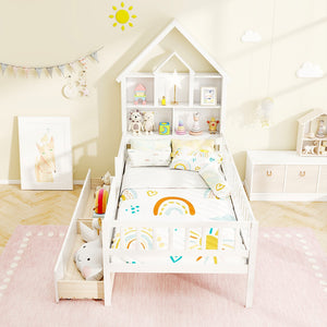 Twin Size House Bed Kids Montessori Bed with House-Shaped Storage Headboard-White view 3