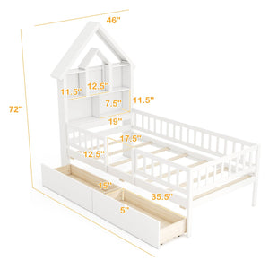 Twin Size House Bed Kids Montessori Bed with House-Shaped Storage Headboard-White view 4