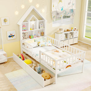 Twin Size House Bed Kids Montessori Bed with House-Shaped Storage Headboard-White view 5