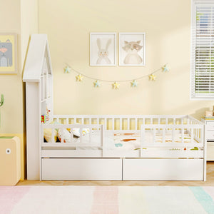 Twin Size House Bed Kids Montessori Bed with House-Shaped Storage Headboard-White view 6