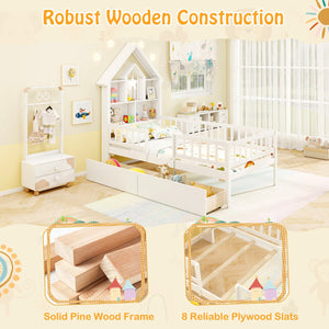 Twin Size House Bed Kids Montessori Bed with House-Shaped Storage Headboard-White view 7