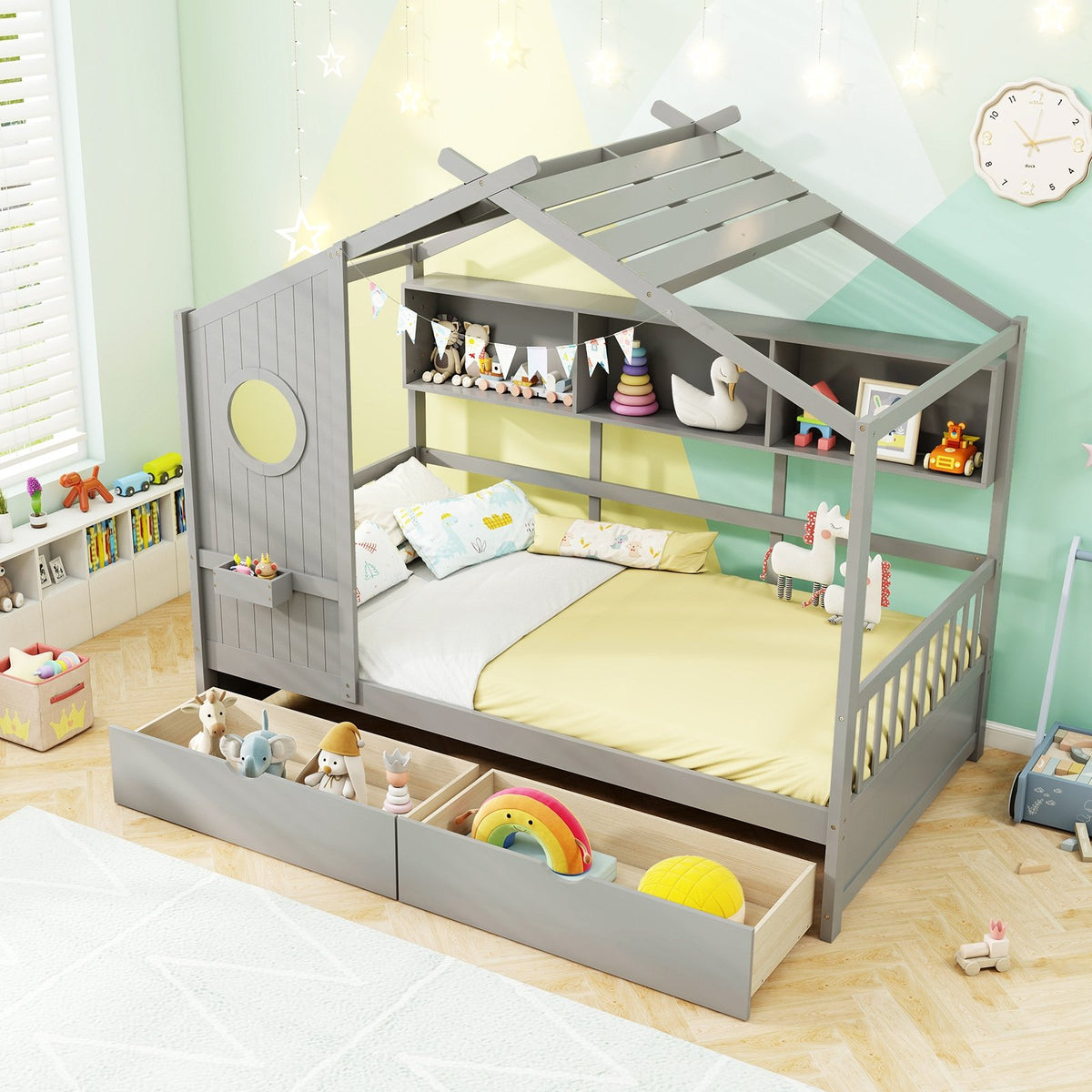 Twin Size House Bed with 2 Storage Drawers and Fence Guardrails-Gray view 2