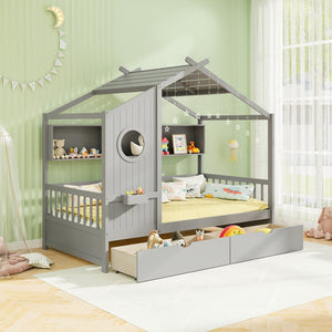 Twin Size House Bed with 2 Storage Drawers and Fence Guardrails-Gray view 3