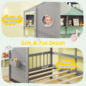 Twin Size House Bed with 2 Storage Drawers and Fence Guardrails-Gray view 7