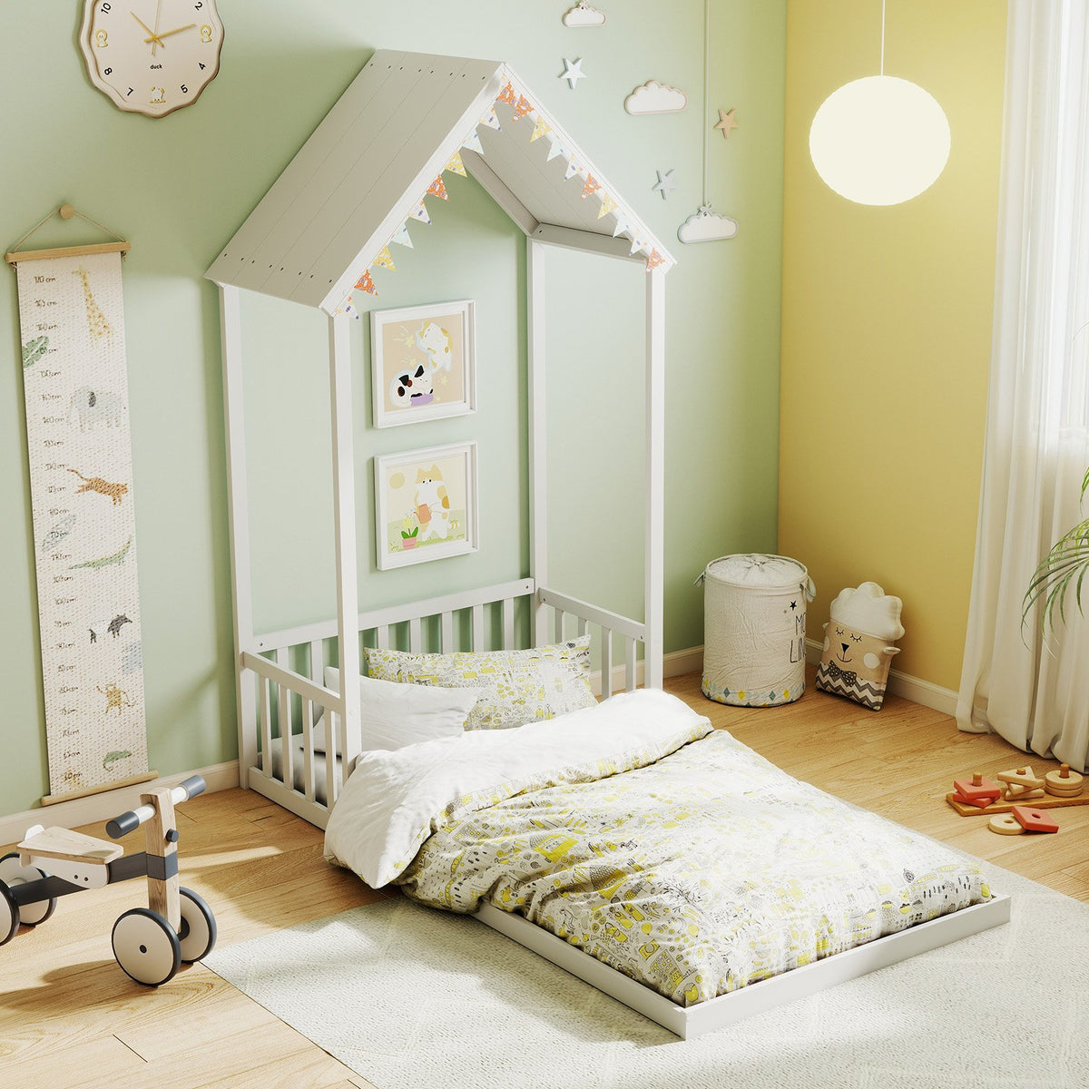 Twin Size House Bed with House Shape Roof and Semi-Fence-White view 2