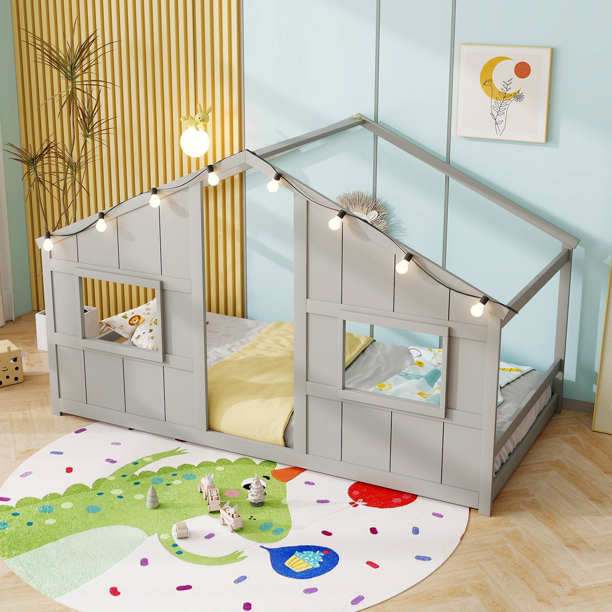 Twin Size House Bed with LED Lights Montessori Slat-free Floor Bed-Grey view 2