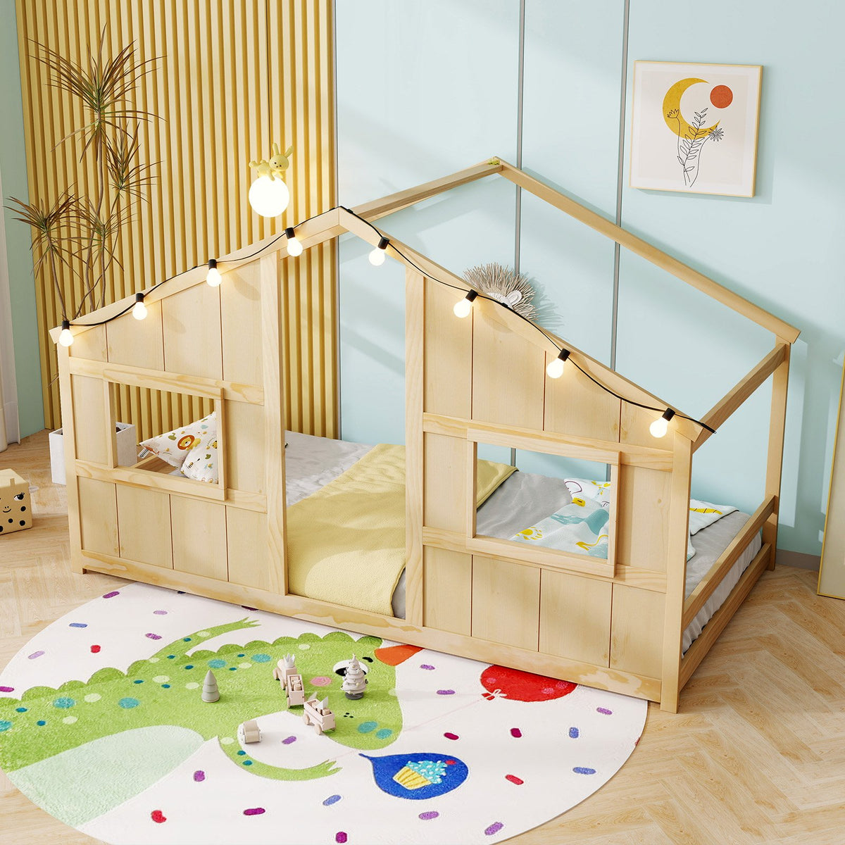 Twin Size House Bed with LED Lights Montessori Slat-free Floor Bed-Natural view 2