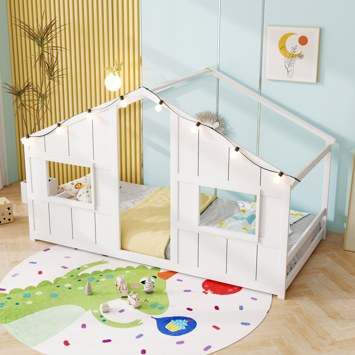 Twin Size House Bed with LED Lights Montessori Slat-free Floor Bed-White view 2