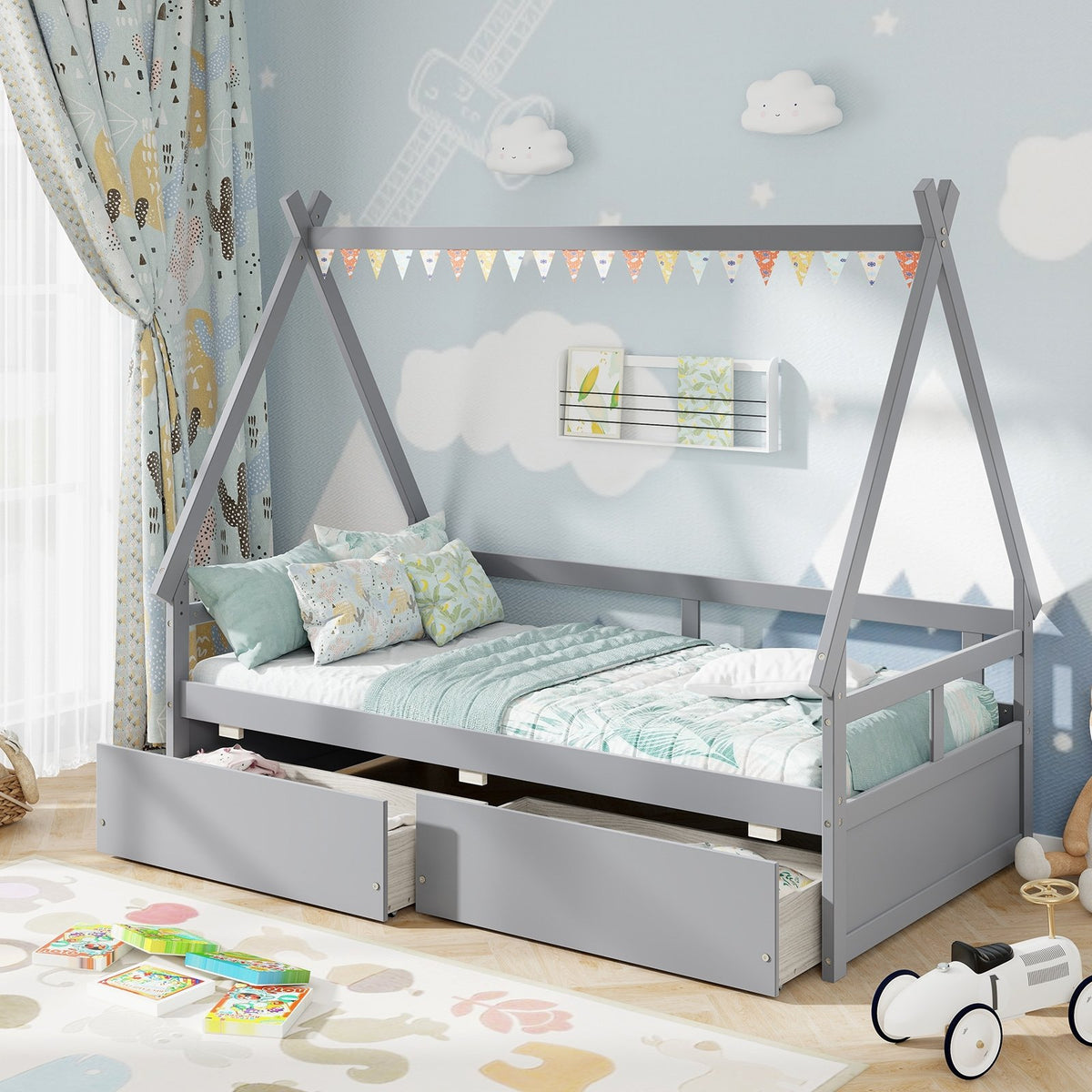 Twin Size House Bed with Roof and Safety Guardrail-Gray view 2