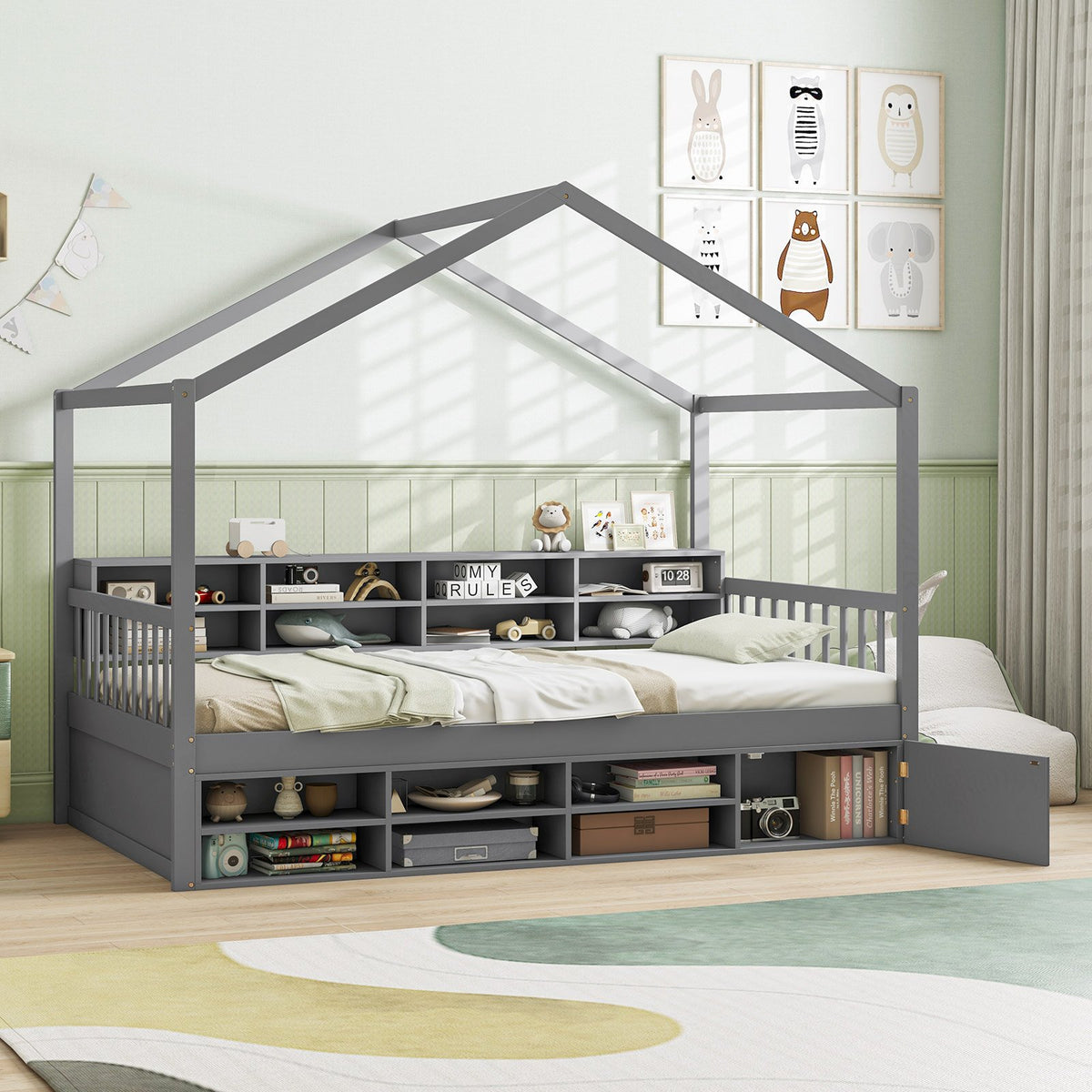 Twin Size House Bed with Roof with 14 Storage Cubes and Enclosed Cabinet-Gray view 2