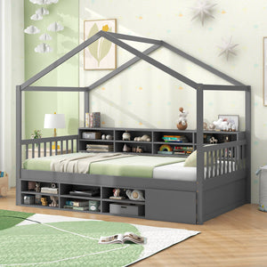 Twin Size House Bed with Roof with 14 Storage Cubes and Enclosed Cabinet-Gray view 6