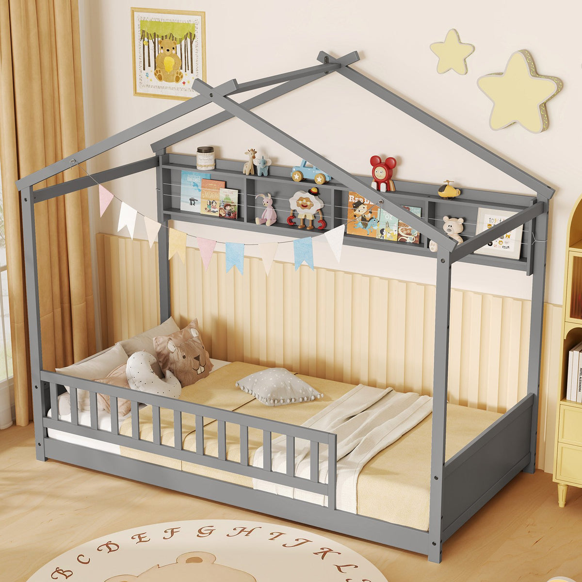 Twin Size House Bed with Storage Shelf and Headboard-Gray view 2