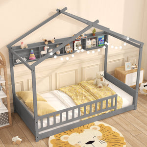 Twin Size House Bed with Storage Shelf and Headboard-Gray view 3
