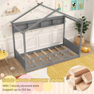 Twin Size House Bed with Storage Shelf and Headboard-Gray view 7