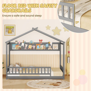 Twin Size House Bed with Storage Shelf and Headboard-Gray view 8