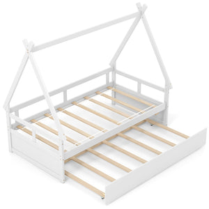 Twin Size House Bed with Trundle and Safety Guardrail-White