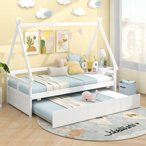 Twin Size House Bed with Trundle and Safety Guardrail-White view 5
