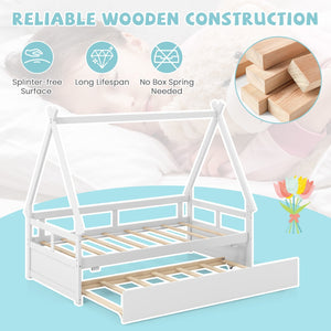 Twin Size House Bed with Trundle and Safety Guardrail-White view 8