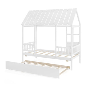Twin Size House Bed with Trundle Kids Platform Bed with Roof Window-White