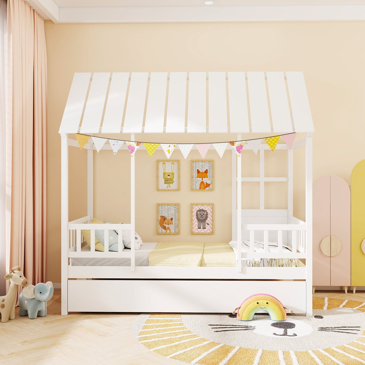 Twin Size House Bed with Trundle Kids Platform Bed with Roof Window-White view 2