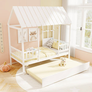 Twin Size House Bed with Trundle Kids Platform Bed with Roof Window-White view 5