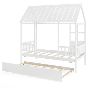 Twin Size House Bed with Trundle Kids Platform Bed with Roof Window-White view 8
