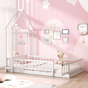 Twin Size House Floor Bed with House-shaped Headboard-White view 3