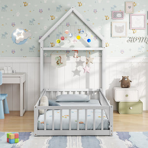 Twin Size House Floor Bed with House-shaped Headboard-White view 6