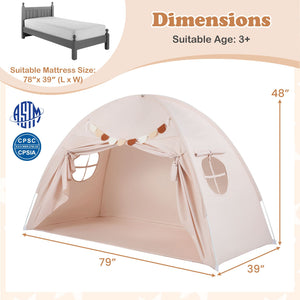 Twin Size Indoor Canopy Tent for Kids with 2 Window and Suits 3+-Beige view 5