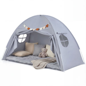 Twin Size Indoor Canopy Tent for Kids with 2 Window and Suits 3+-Grey