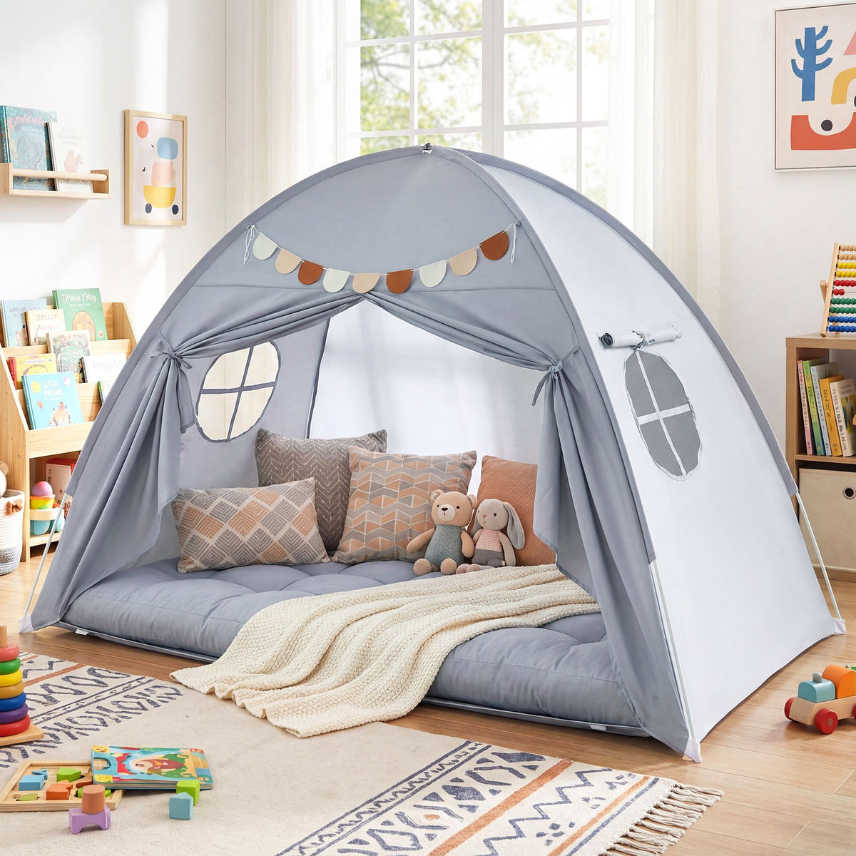 Twin Size Indoor Canopy Tent for Kids with 2 Window and Suits 3+-Grey view 2