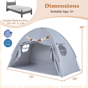 Twin Size Indoor Canopy Tent for Kids with 2 Window and Suits 3+-Grey view 4