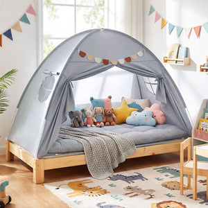 Twin Size Indoor Canopy Tent for Kids with 2 Window and Suits 3+-Grey view 5