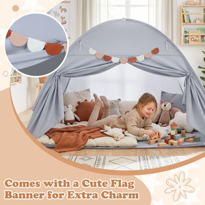 Twin Size Indoor Canopy Tent for Kids with 2 Window and Suits 3+-Grey view 6
