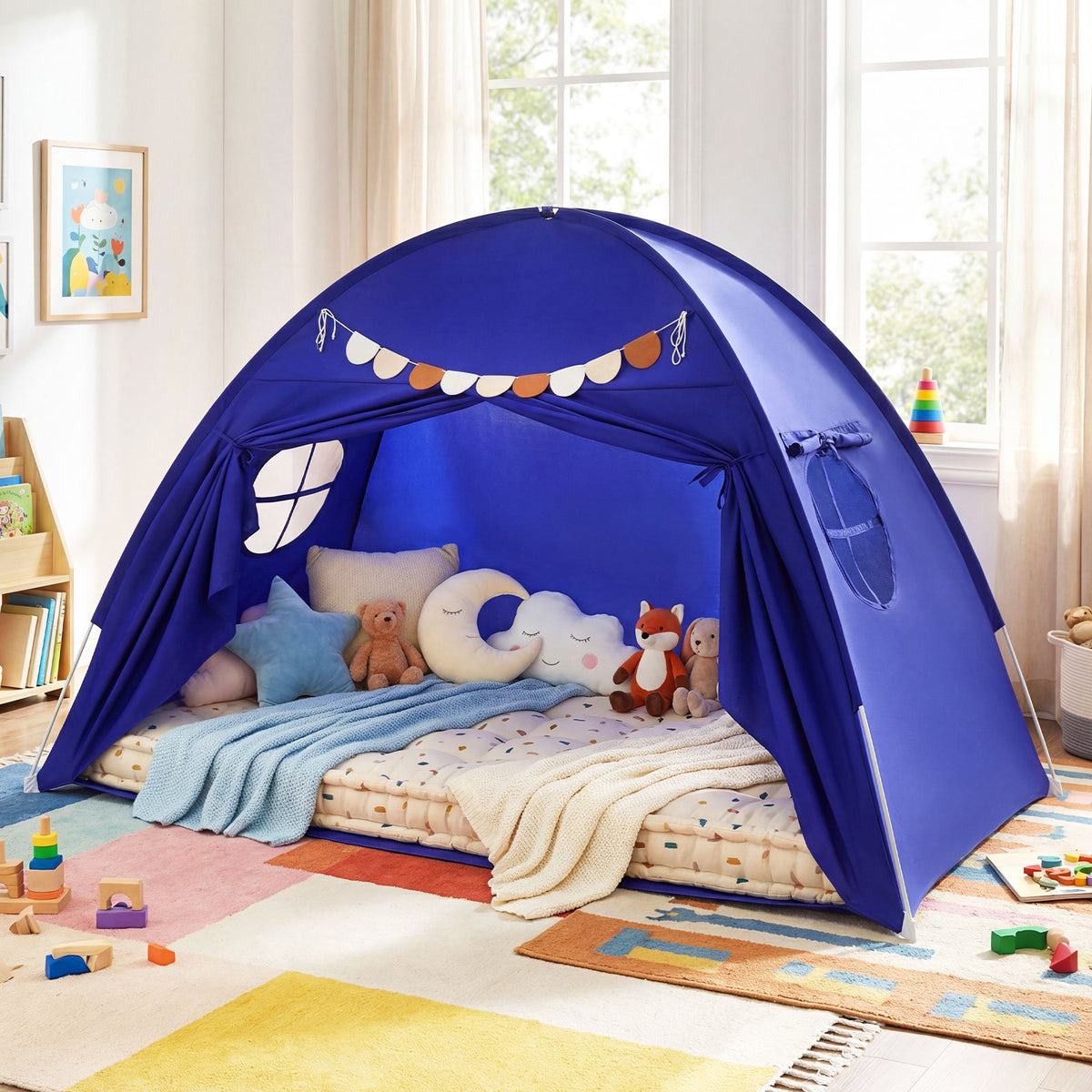 Twin Size Indoor Canopy Tent for Kids with 2 Window and Suits 3+-Navy view 2