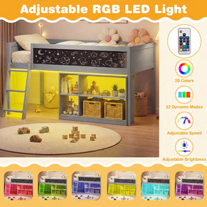 Twin Size Kids Loft Bed with LED Lights and Removable Bookcase-Gray view 5