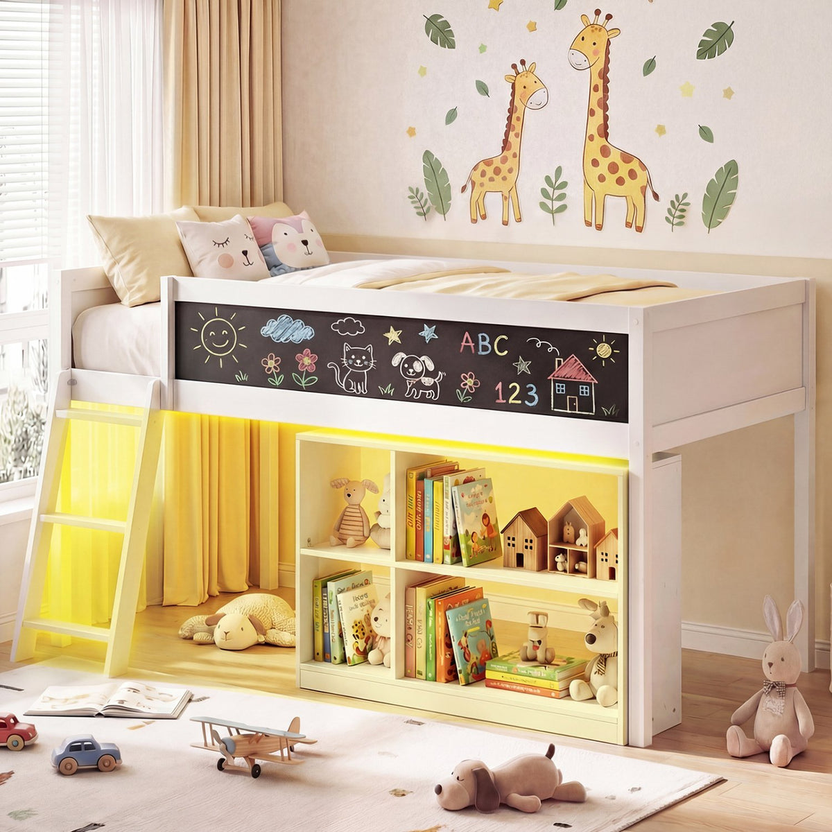 Twin Size Kids Loft Bed with LED Lights and Removable Bookcase-White view 2