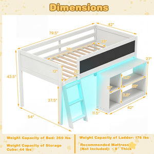 Twin Size Kids Loft Bed with LED Lights and Removable Bookcase-White view 4