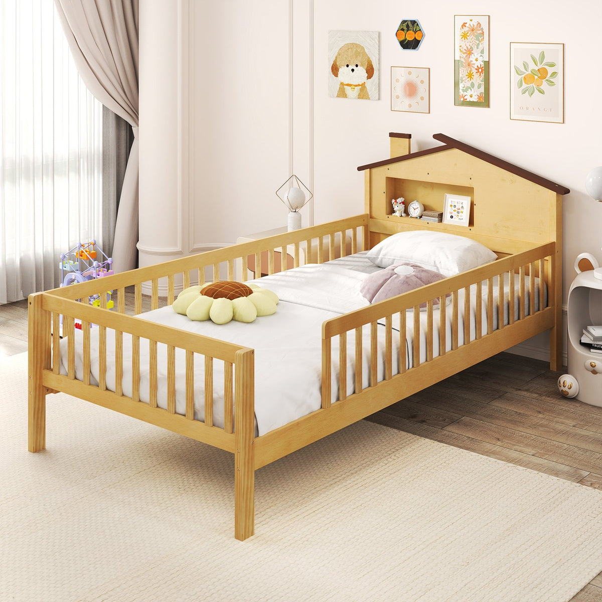Twin Size Kids Montessori Bed with House-Shaped Headboard and Built-in Storage Shelf-Natural view 2