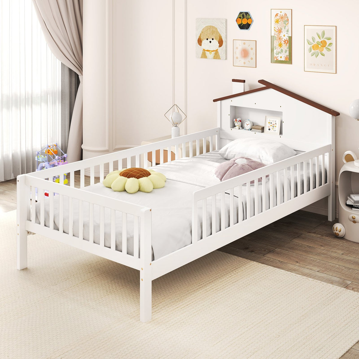 Twin Size Kids Montessori Bed with House-Shaped Headboard and Built-in Storage Shelf-White view 2