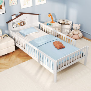 Twin Size Kids Montessori Bed with House-Shaped Headboard and Built-in Storage Shelf-White view 3