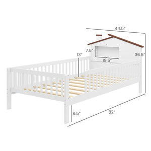Twin Size Kids Montessori Bed with House-Shaped Headboard and Built-in Storage Shelf-White view 4