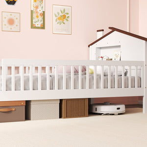 Twin Size Kids Montessori Bed with House-Shaped Headboard and Built-in Storage Shelf-White view 7