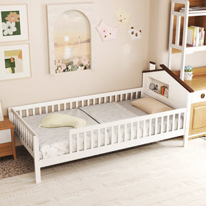 Twin Size Kids Montessori Bed with House-Shaped Headboard and Built-in Storage Shelf-White view 9