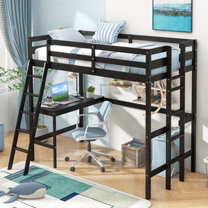 Twin Size Loft Bed Frame with Desk Angled and Built-in Ladder-Dark Brown view 6