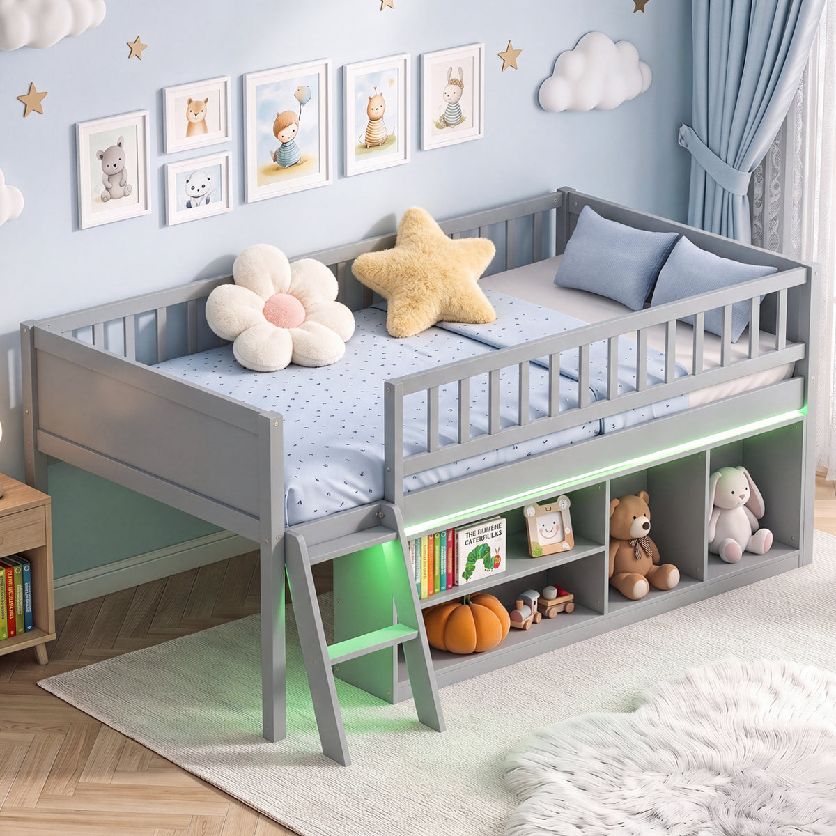 Twin Size Loft Bed with Adjustable LED Lights & Bookshelves and Guardrails for Kids-Gray view 2